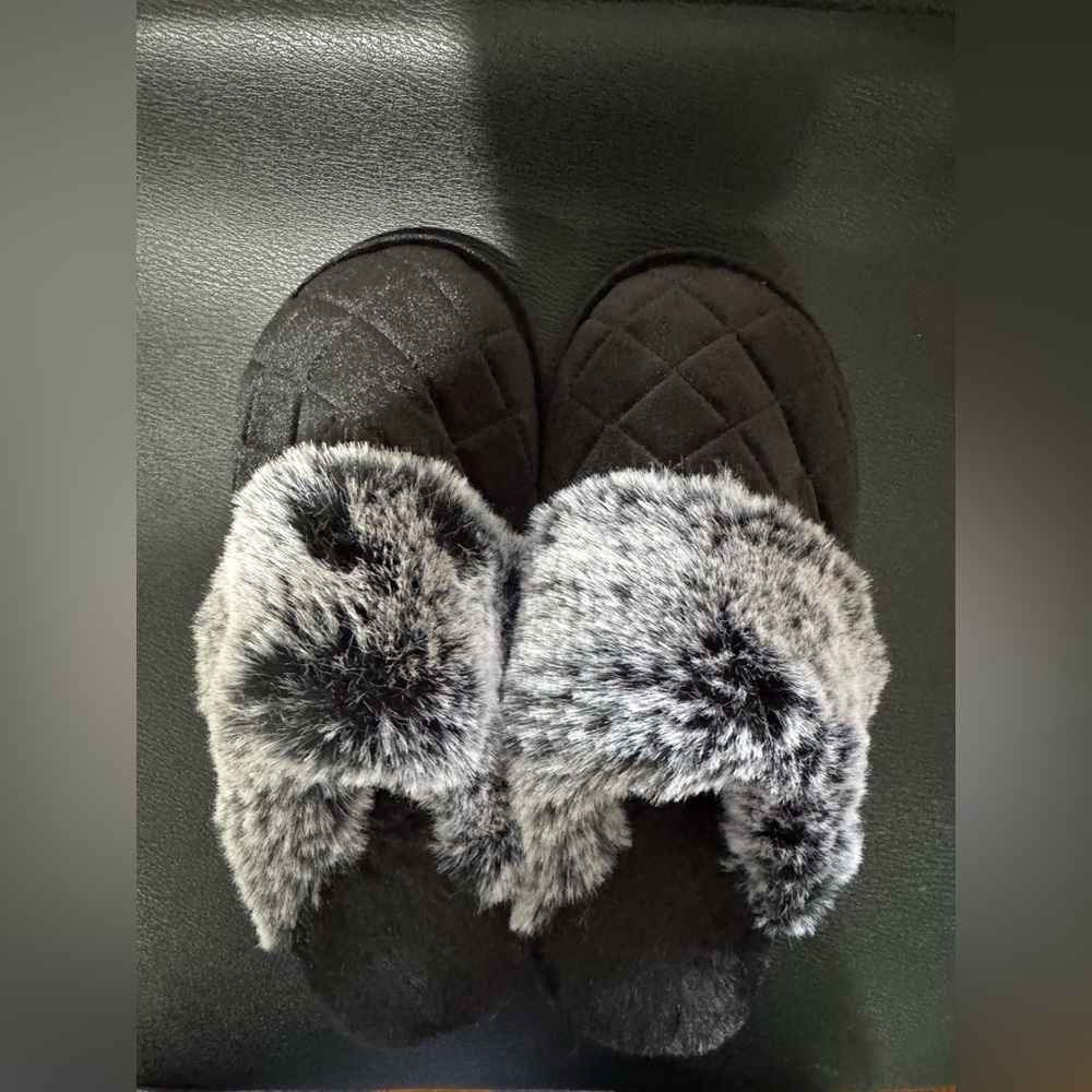 Charter Club Black Slippers with Gray Fur